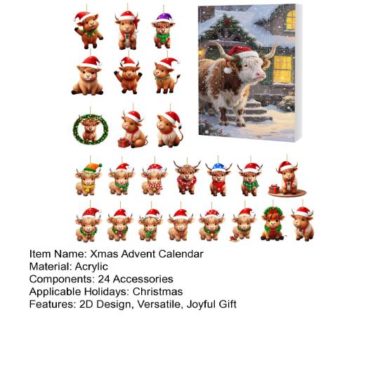 Шотландская высокогорная корова Адвент-календарь Рождество 24 дня Смешной обратный отсчет коровы 2D дизайн Праздничный подвесной декор
