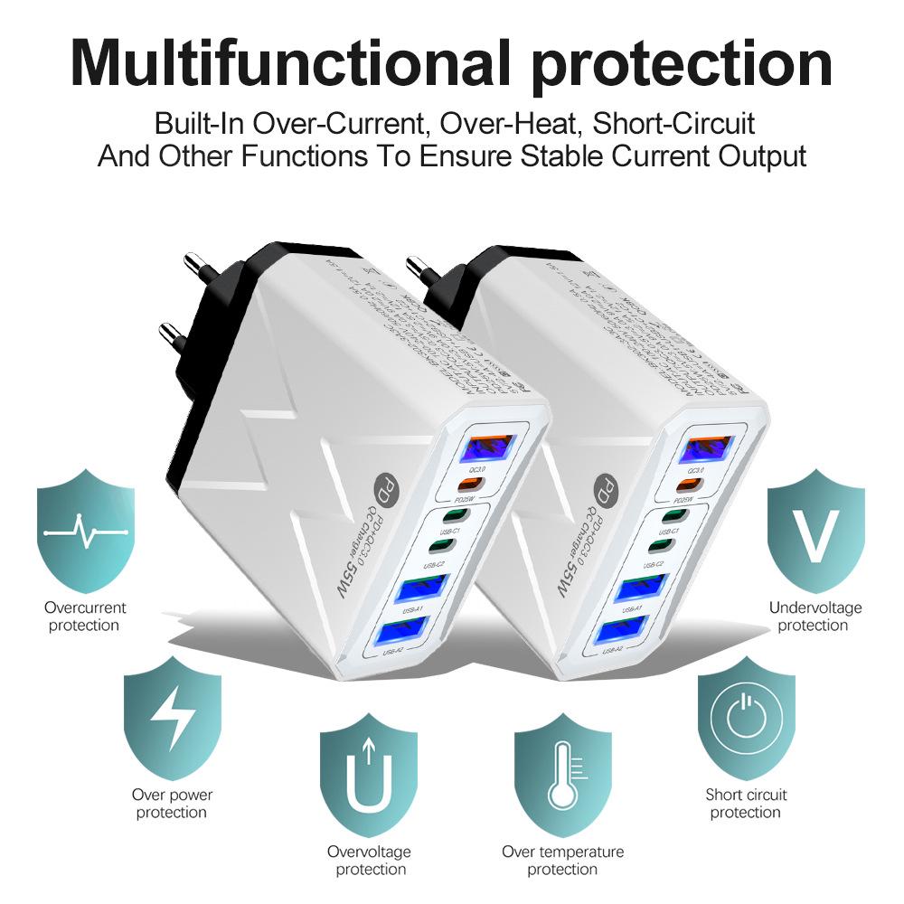 PD25W Fast Charger, 6-Port, 3 USB, 3 PD55W, QC3.0, Compatible with EU/US/UK/AU Standards