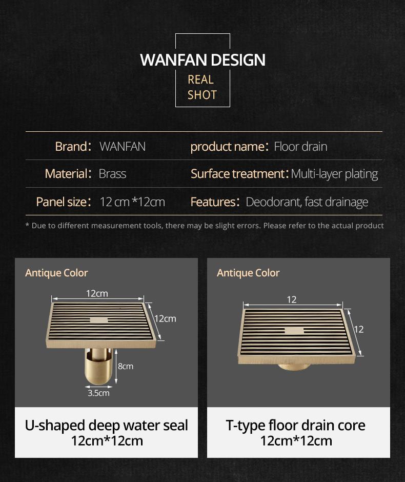 Душевые сливы 12*12 см Квадратные сливы для ванны Ситечко Волосы Античная латунь Художественная резьба Слив для пола ванной комнаты Сливная решетка 811529F