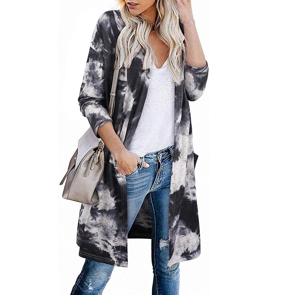 Women's Fashion Casual Printed Pocket Cardigan Medium And Long Coat