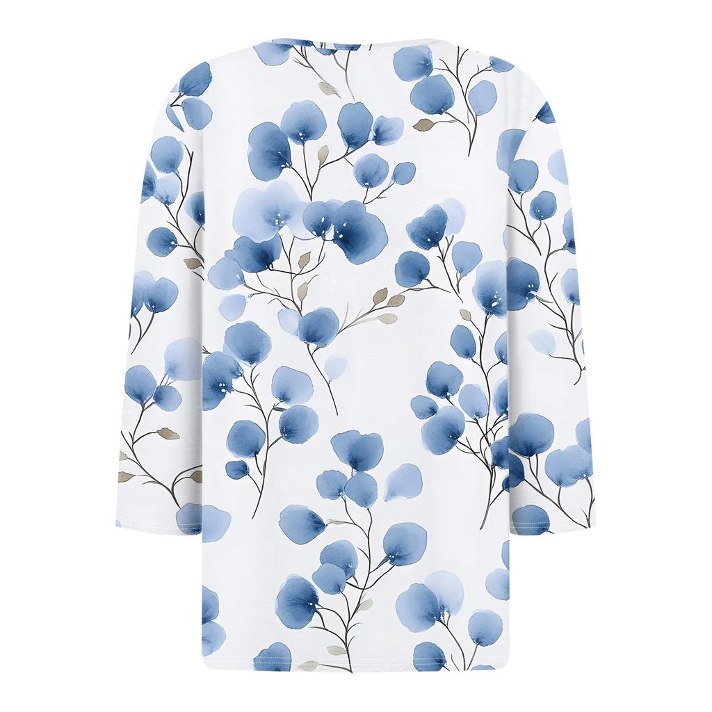 Жен. Футболка С принтом Пуговицы Рукав 3/4 Повседневные Выходные Мода Классический Классический V-образный вырез Обычный Верх