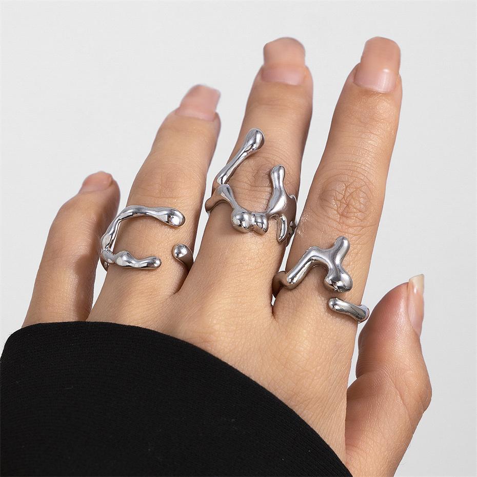 Ingemark 3Pcs Unique Irregular Smooth Rings Set Women Vintage Geometric Gold Color Lava Open Ring Couple Wed Accessories Gift