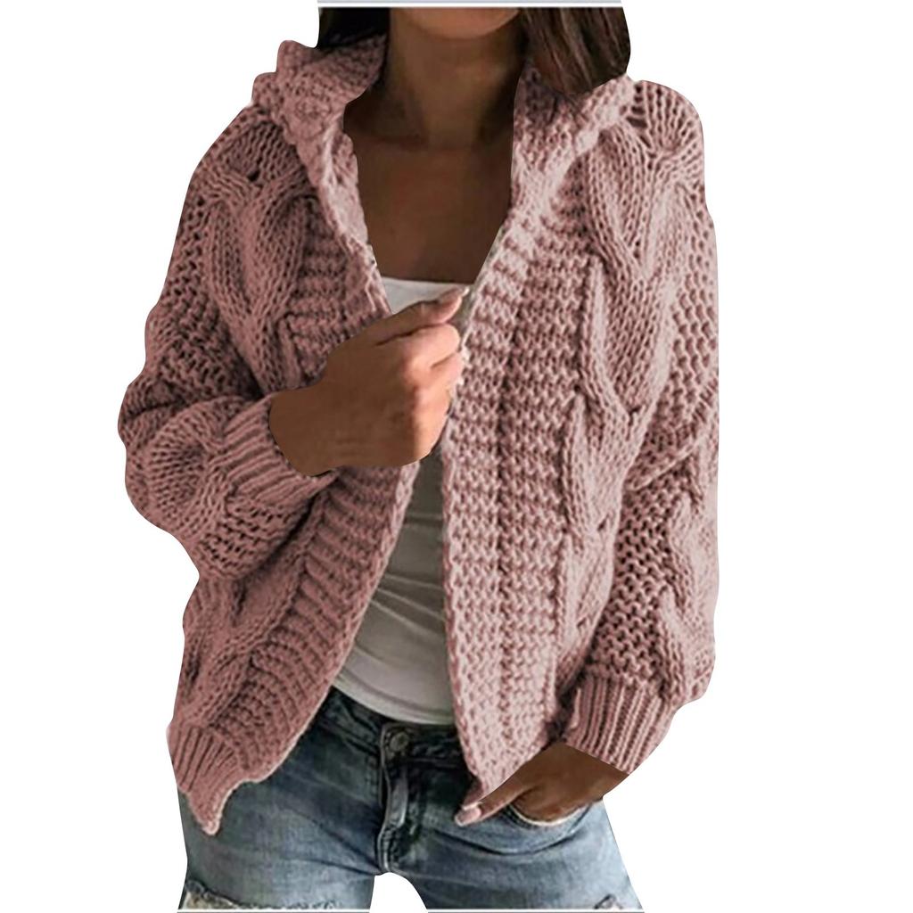 Women's Autumn And Winter Hooded Jacket Solid Color Knitted Cardigan Sweater