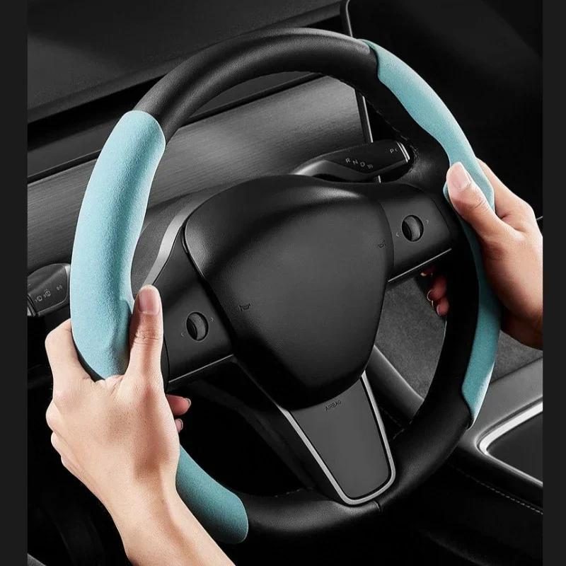Suitable for Tesla Model3/Y Steering Wheel Cover Carbon Fiber Suede 38cm Steering Wheel Cover Cute Interior Accessories for Cars