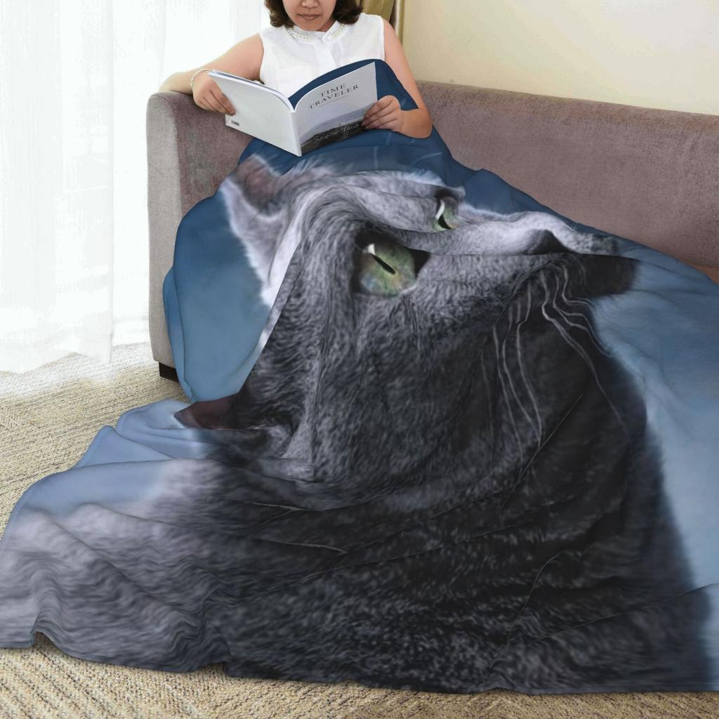 Gray Cat Printed Flannel Blanket - Soft, Cozy Fleece, Pet & Home Decor, Modern Style, All-Season, 100% Polyester, Knitted, Machi