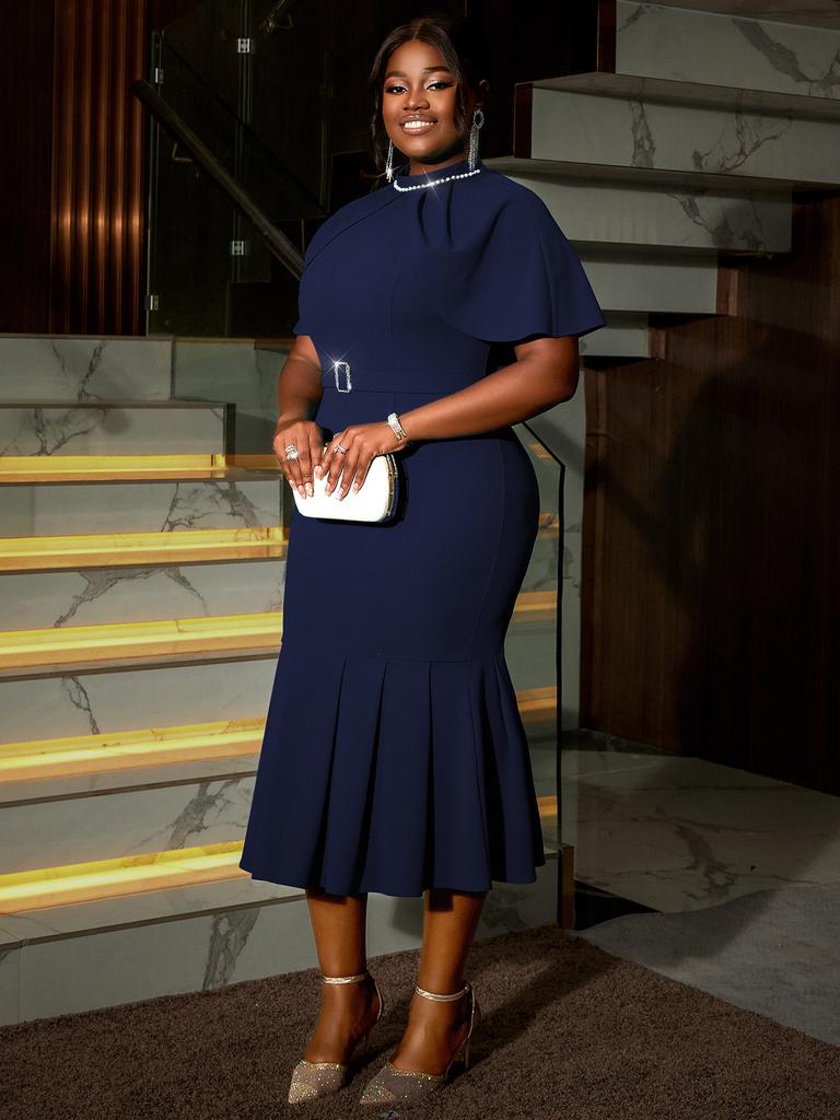 AOMEI Elegant Women Midi Dresses O Neck Beaded Cape Sleeve Bodycon Fishtail Dress for Ladies