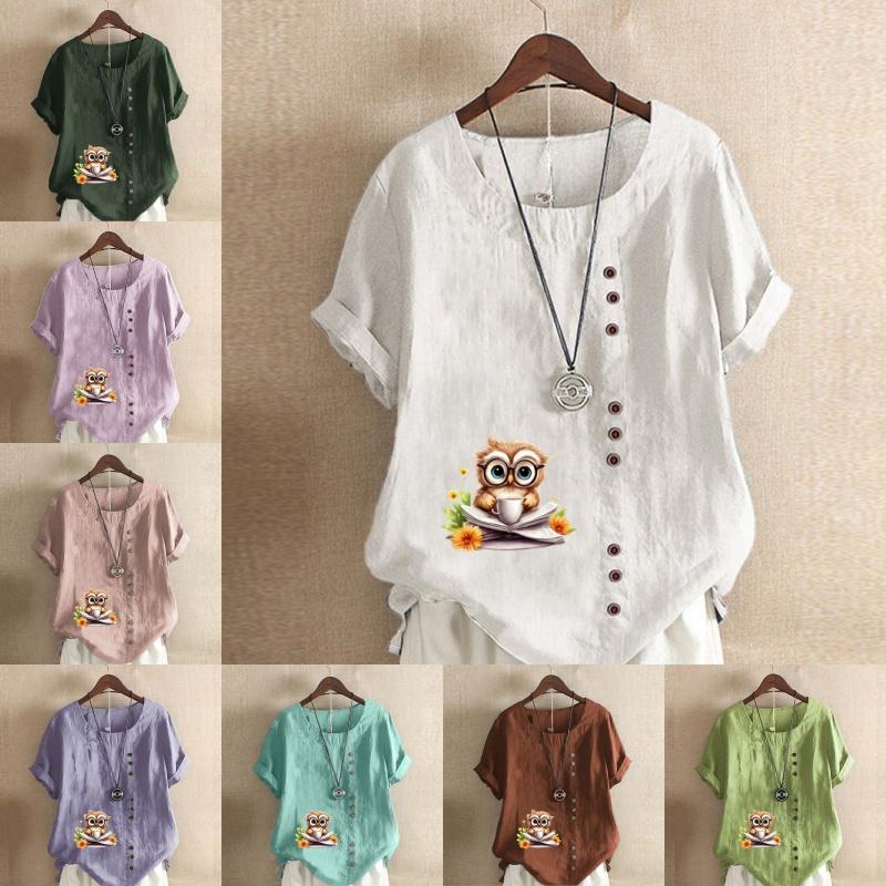 Women's Fashion Owl Reading Prined Short Sleeve T-shirt Loose Cotton Shirt Casual Loose Summer Blouse Tops Plus Size