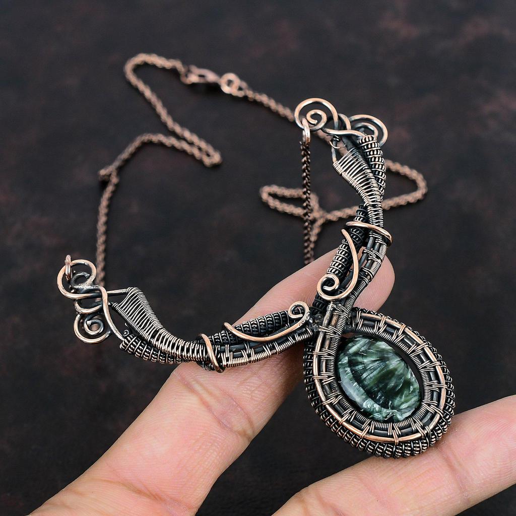 Серафинитовое ожерелье, ожерелье из медной проволоки, изящные медные украшения, ожерелье ручной работы из настоящего драгоценного камня, ювелирные изделия из проволоки, свадебные подарки
