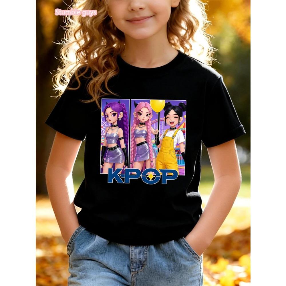 Girls Anime Kpop Theme T-Shirt 2026 Summer Style Cute Graphic Print Short Sleeve Soft Comfortable Anime Clothes Kids Tee