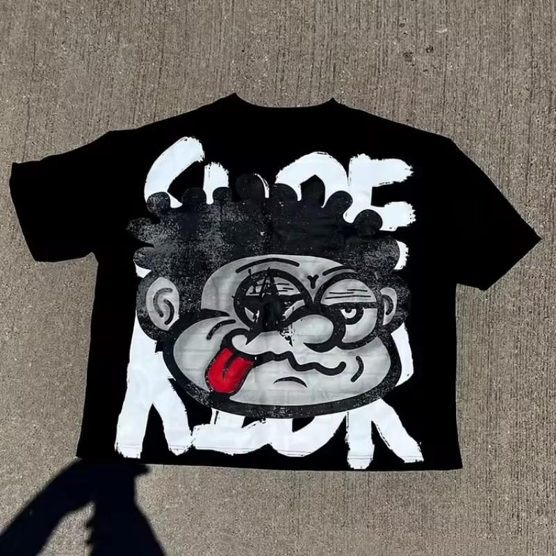GLYDE Vintage Big Face Graphic Print Cotton T-Shirt Men Y2K Short Sleeves Vintage Oversize Tshirt Streetwear