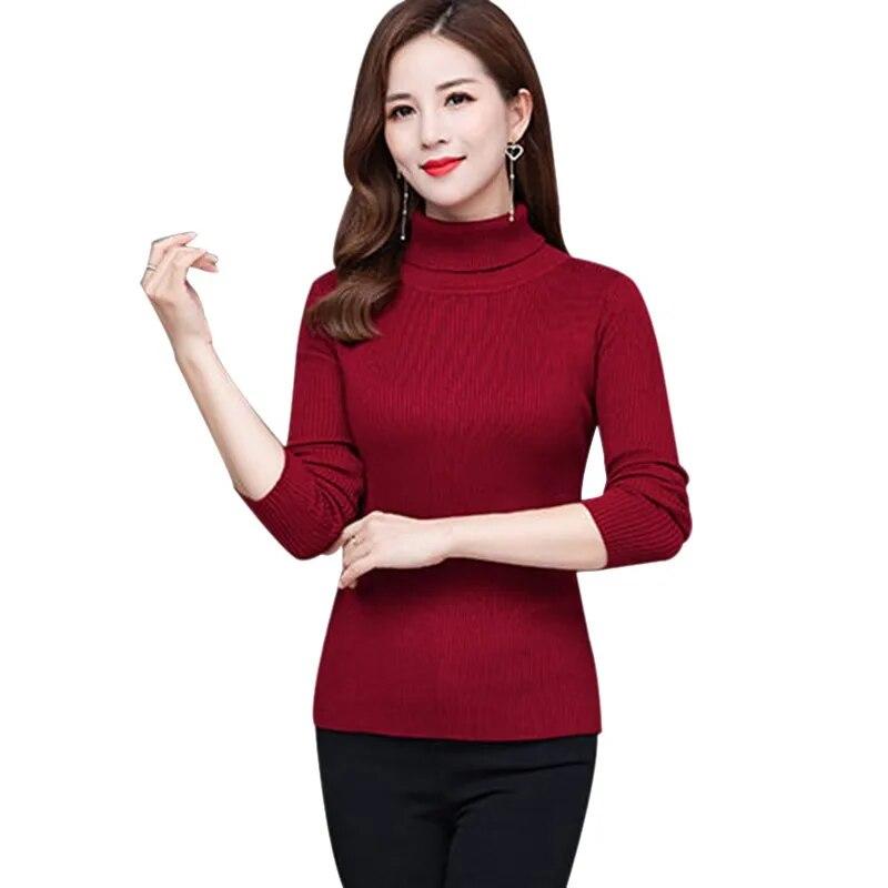 Women's Sweaters Slim Soft Long Sleeve High Neck Knit Pullover Slim Stretch Sweater Tops