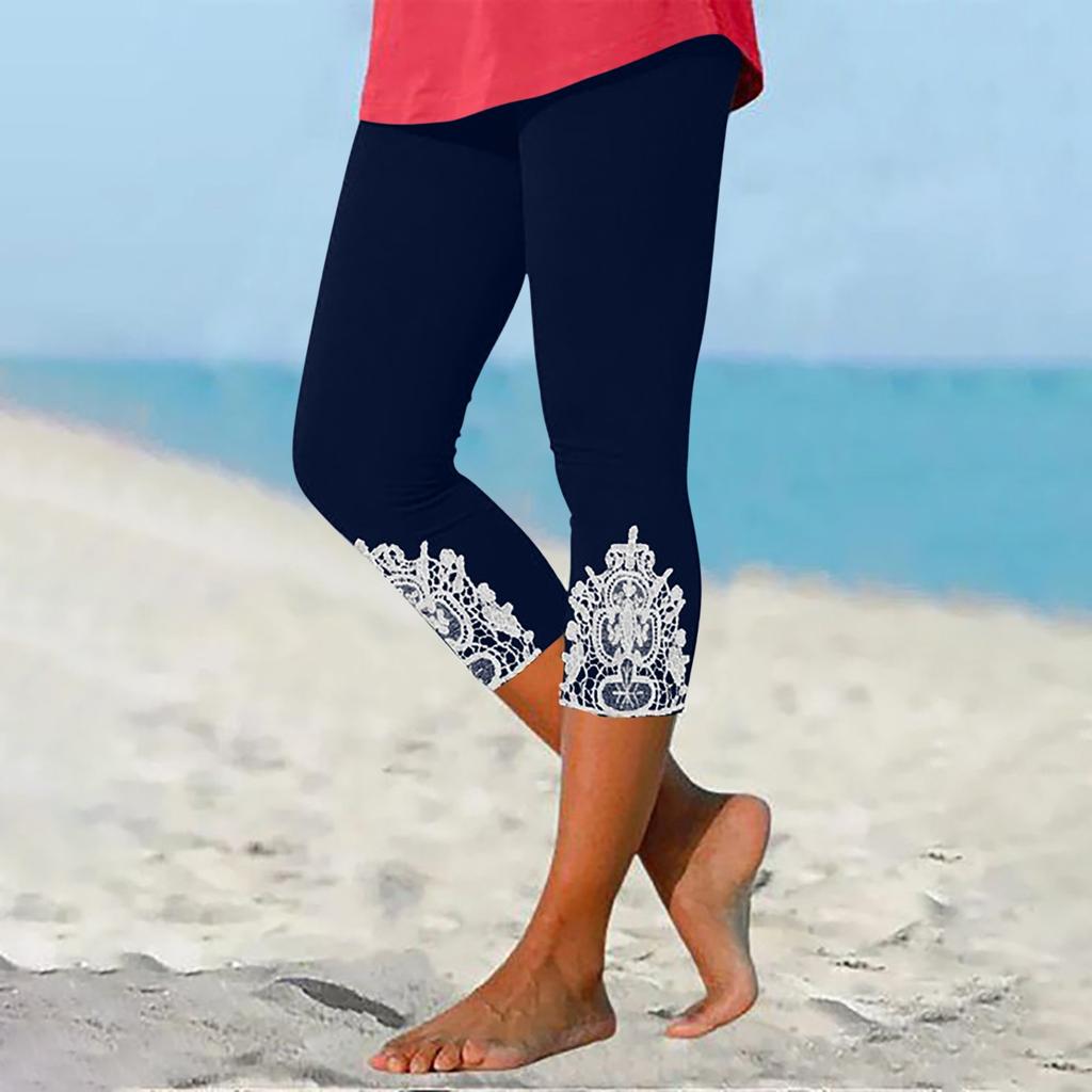 Брюки для женщин, эластичные кружевные леггинсы длиной 3/4, повседневные спортивные штаны для бега, тренировки, йоги