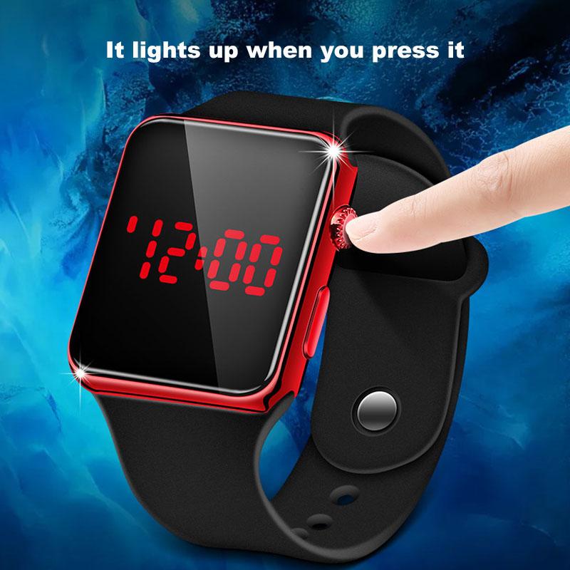 Watches Digital Watch Metal Frame Sport Clock WristWatch Mirror Face Red LED Silicone Band Square Unique