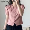 Women Casual Round Neck Short Sleeve Tie Solid Color Loose Blouse