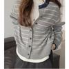 Contrasting Color Crew Neck Striped Knitted Cardigan Autumn and Winter New College Style Age-reducing Casual Soft Waxy Sweater Women's Coat
