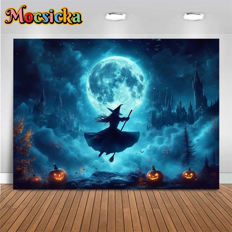 Mocsicka Halloween Witch Photo Backgrounds Shooting Props Moon Castle Bat Jack-O-Lanterns Party Decorations Photography Backdrop