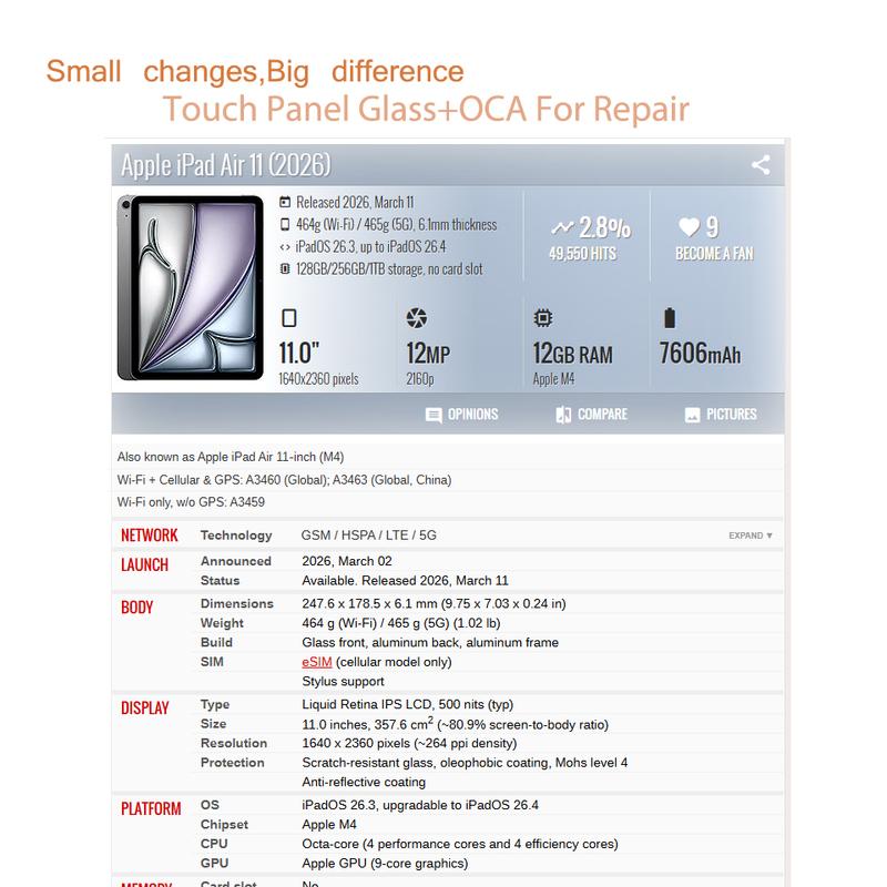 10 шт. Для iPad Pro 11 13 M5 Air 13 11 M4 M3 M2 Air 6 5 4 3 Mini Pro 12.9 10.5 9.7 Сенсорная Панель Экран Переднее Внешнее Стекло С OCA