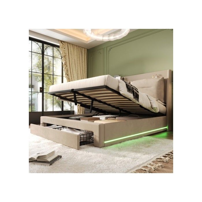 Lit hydraulique - MUVOE - 140x200 - Beige - Tiroirs 2 en 1 - Éclairage LED réglable