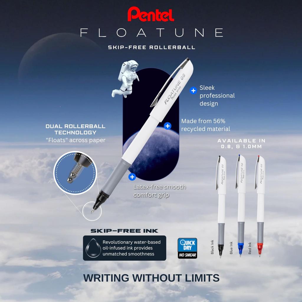 Pentel Floatune Роллер с линией средней толщины, черные чернила, 0,8 мм, упаковка 4 шт.