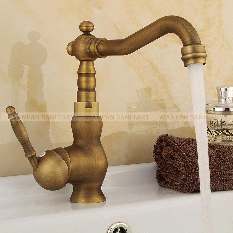 Basin Faucets Antique Brass Bathroom Sink Faucet Swivel Spout Single Handle Bath Deck Hot and Cold Mixer Tap Water Taps HJ6717F