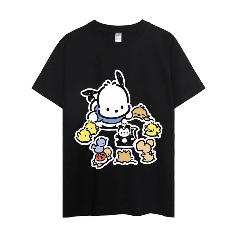 MINISO Sanrio Pochacco Футболка Женская Парная Комбинированная Одежда С Коротким Рукавом Уличный Стиль Воротник Мода Мужской Хлопок Унисекс Топы