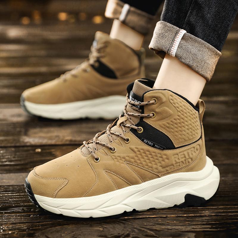 New Outdoor Leather Waterproof Mountaineering Shoes Men's Non-slip Walking High-top Sneakers Women's Thick Soled Daddy Shoes