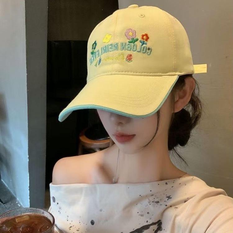 Letter embroidered baseball cap sweet flower small face cap women's new trendy soft top big head versatile yellow circumference