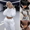 2 Pcs/Set Women Fall Hoodie Pants Set Long Sleeve Thick Hooded Short Top Drawstring Elastic Waist