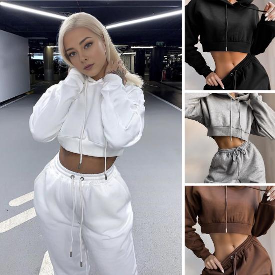 2 Pcs/Set Women Fall Hoodie Pants Set Long Sleeve Thick Hooded Short Top Drawstring Elastic Waist