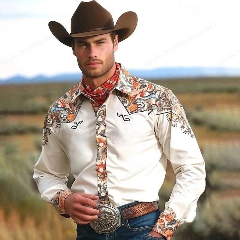 Men's Retro Western Striped Shirt Casual Short Sleeve Button-Up Cowboy Style Shirt