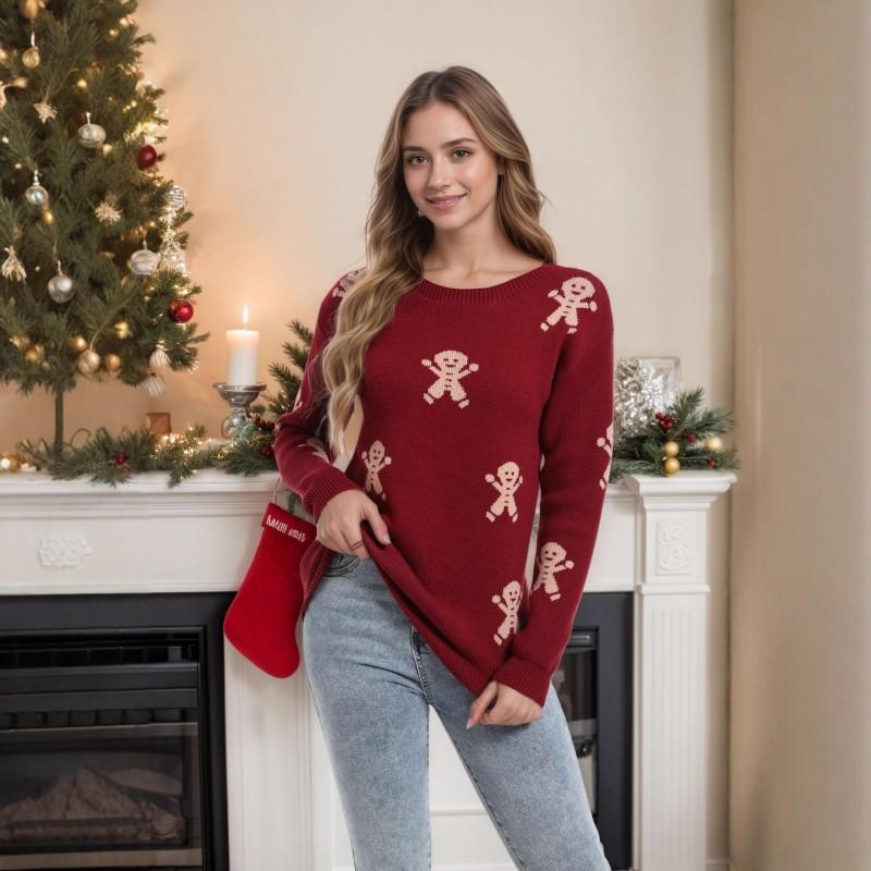 Womens Christmas Cartoon Embroidered Knit Sweater Loose Fit Round Neck Long Sleeve Pullover Winter