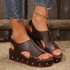 2025 New Spring and Summer Thick-soled Wedge Heel Fish Mouth Sandals European and American Large-size Rivets Decorative Velcro Sandals Women
