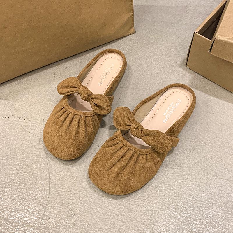 JMXD-bow Bag Head Half Slippers Женская верхняя одежда, весенне-летние замшевые тапочки в стиле феи на плоской подошве в стиле ретро