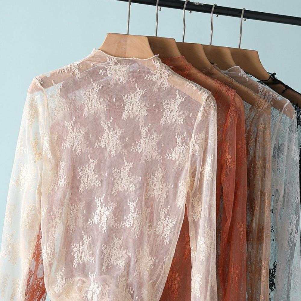 Hollow Transparent T-shirt Long Sleeve See Through Tops Fashion Lace Bottomed Blouse Women