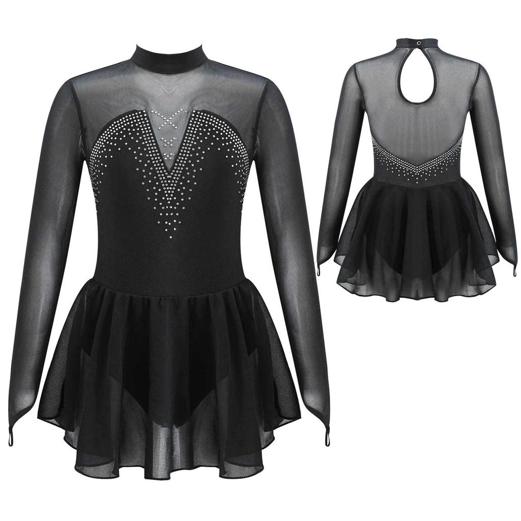 Kids Girls Sparkle Mesh Splice Figure Ice Skating Dress Gymnastic Dance Leotard Tutu Skirt Performance Dancewear