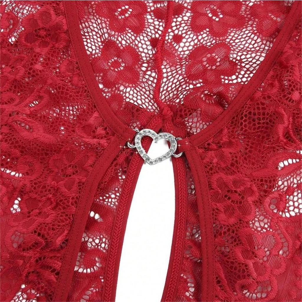 Women's Sexy Strap Hollow Lace Bodysuit One-Piece Open Crotch Lingerie Deep V-Neck Teddy Bear Babydoll Erotic Sleepwear