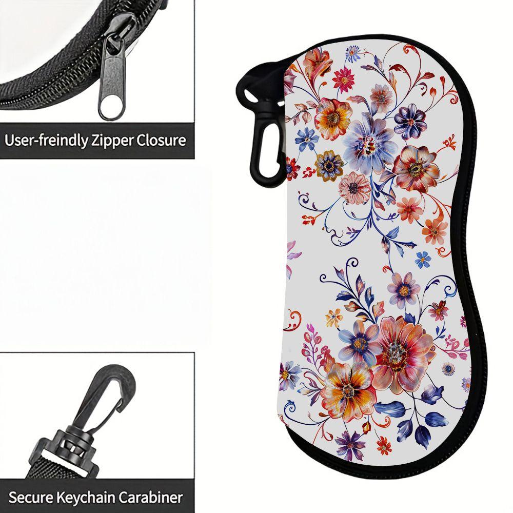 2D-Vintage Floral Print Zipper Sunglasses Case, Protective Eyewear Container with Artistic Flower Pattern, Portable Travel Accessory for Women Girls