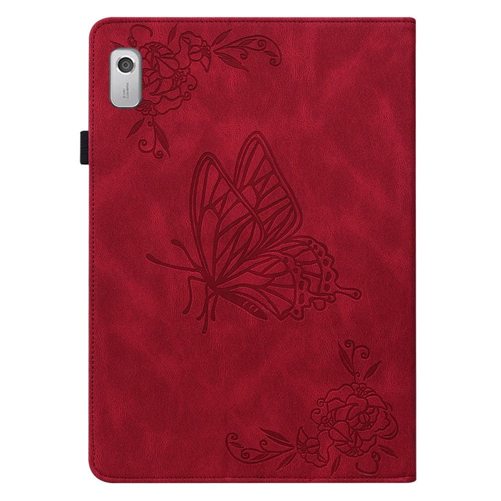 Lenovo Tab M9 Case, Wallet Pen Slot, Butterflies, Red