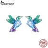 Bamoer стерлингового серебра 925 пробы зеленая эмаль серьги-гвоздики с изображением колибри синий циркон серьги с птицами для женщин вечерние ювелирные изделия