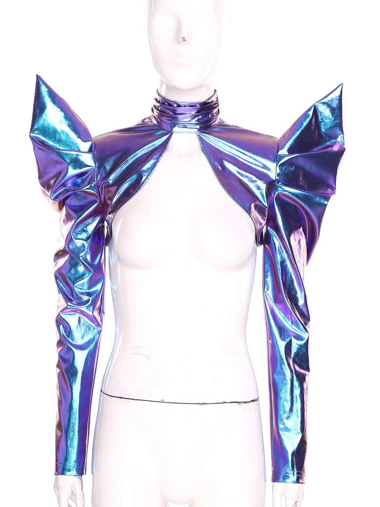S-XL Women Glitter Rainbow Metallic Bolero Open Front Turtleneck Long Sleeve Back Zipper for Dress Up Halloween Party