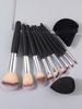9PCS Black Wooden-handled Makeup Brush Set, Loose Powder, Blush, Eyeshadow Brush, Sponge Makeup Egg + Triangular Powder Puff
