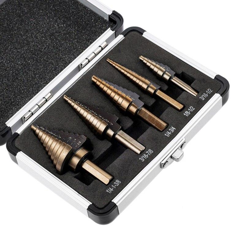 5PCS Titanium Step Drill Bit Set Professional Pagoda Drill Bits with Aluminum Case for Metal Wood Plastic