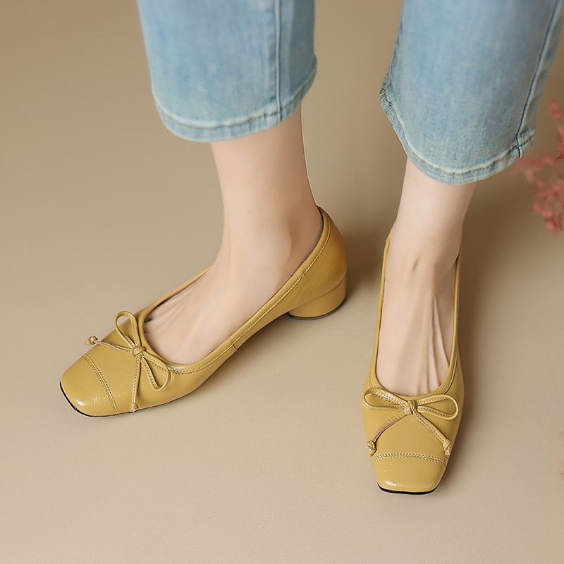 Krazing Pot Sheep Skin Summer Spring Autumn Med Heels Slip On Women Butterfly-knot European Design Square Toe Shallow Pumps