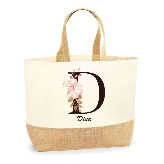 Tote bag en jute - PLANETEE - Dina Lettre Fleur - Jute naturel - Capacité généreuse - Fabriqué en France