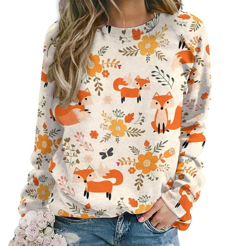 Осенние милые толстовки с лисой, женские повседневные худи с круглым вырезом и 3D-принтом животных, Y2k пуловеры, топы в стиле Харадзюку, женская одежда