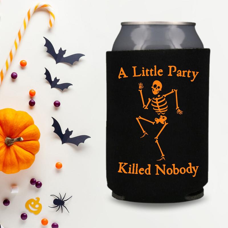 5Pcs Halloween Can Coolers A Little Party Killed Nobody Funny Gift And Treat Coolers Skeleton Halloween Party Table Decorations