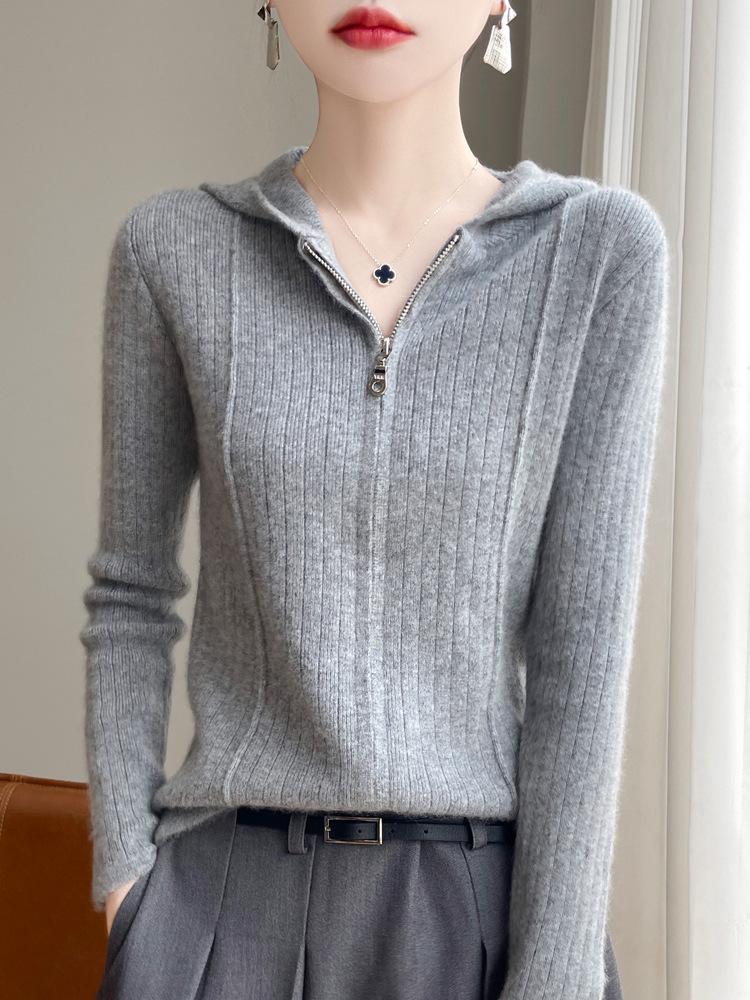 Women's Striped Hooded Wool Cardigan - Long Sleeve, Slimming Zip-Up Sweater for Autumn/Winter