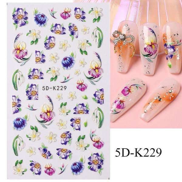 5D акварельные цветочные наклейки для ногтей с голографическими акцентами в виде листьев в фиолетовом и белом цветах