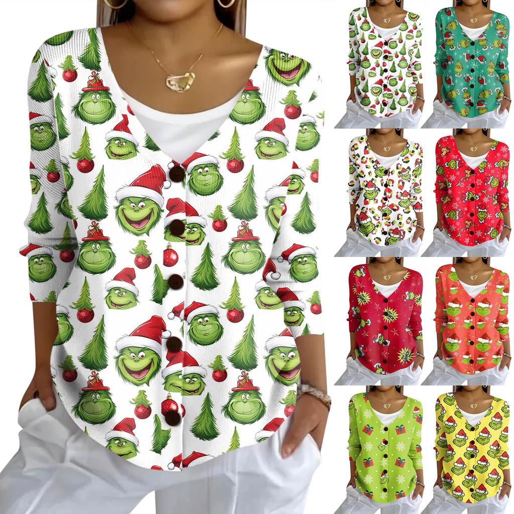 Women's Fashion Casual Knit Sweater Button-Up Christmas Print Cardigan Jacket