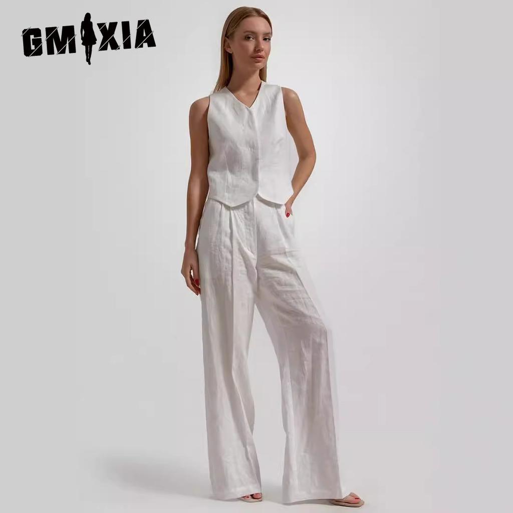 GMXIA Комплект из жилета и длинных брюк, летний повседневный чисто-белый жилет без рукавов с V-образным вырезом, комплект из жилета и длинных брюк
